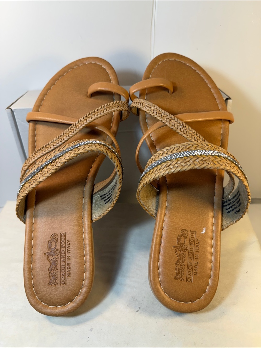 Coach Tan Braided Toe-Loop Sandals with Metallic Accent